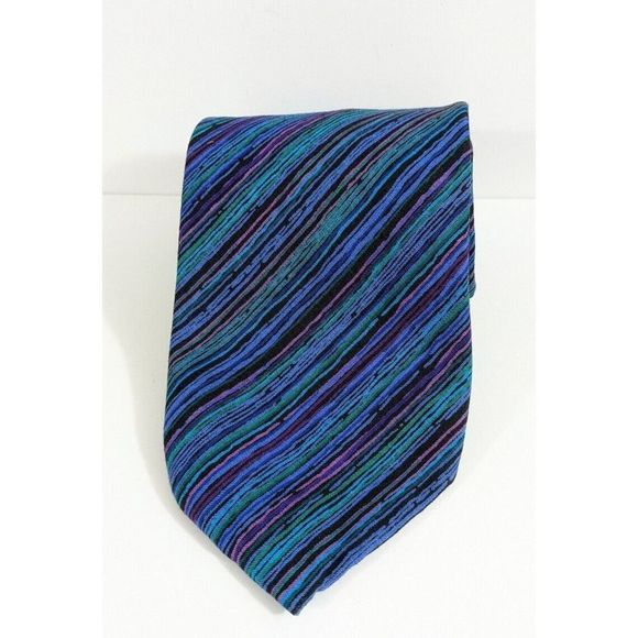 Vintage Teal Blue Purple Diagonal Stripes Neck Tie - Picture 2 of 6